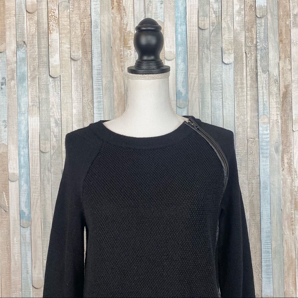 Vince S Black Leather Trim Zipper Textured 100% Wool Knit Sweater Pullover - Picture 5 of 14